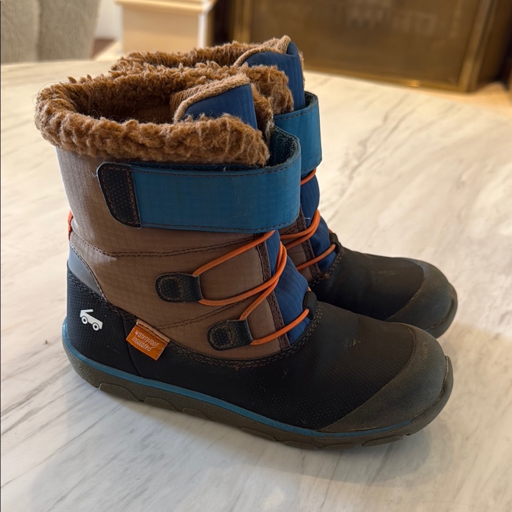 See Kai Run Brown and Blue Rain & Snow Boots with Velcro Straps- waterproof